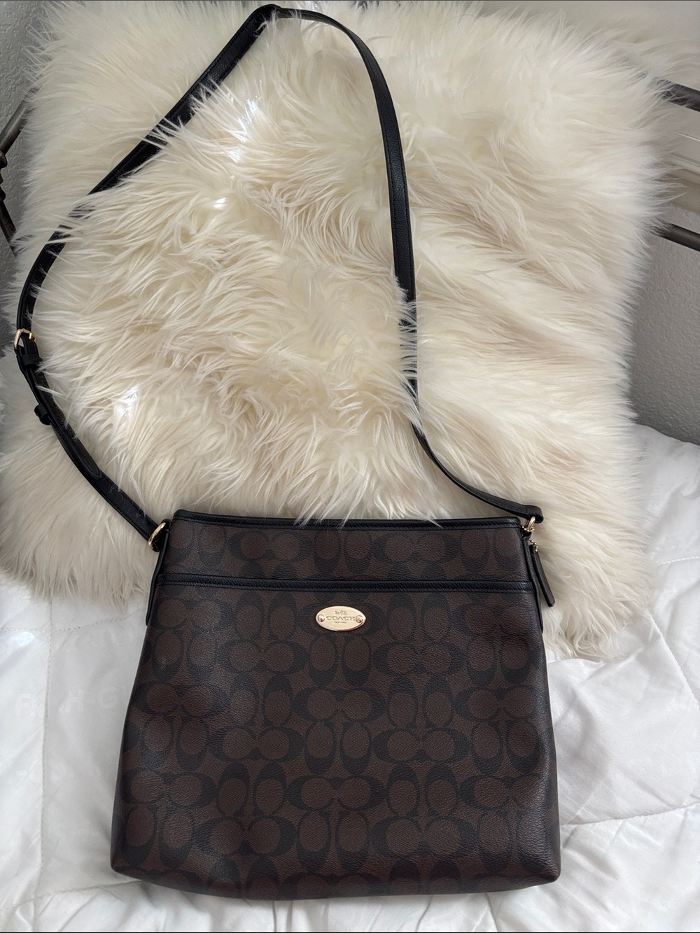 Coach Dark Brown Signature Crossbody Bag with Black Strap